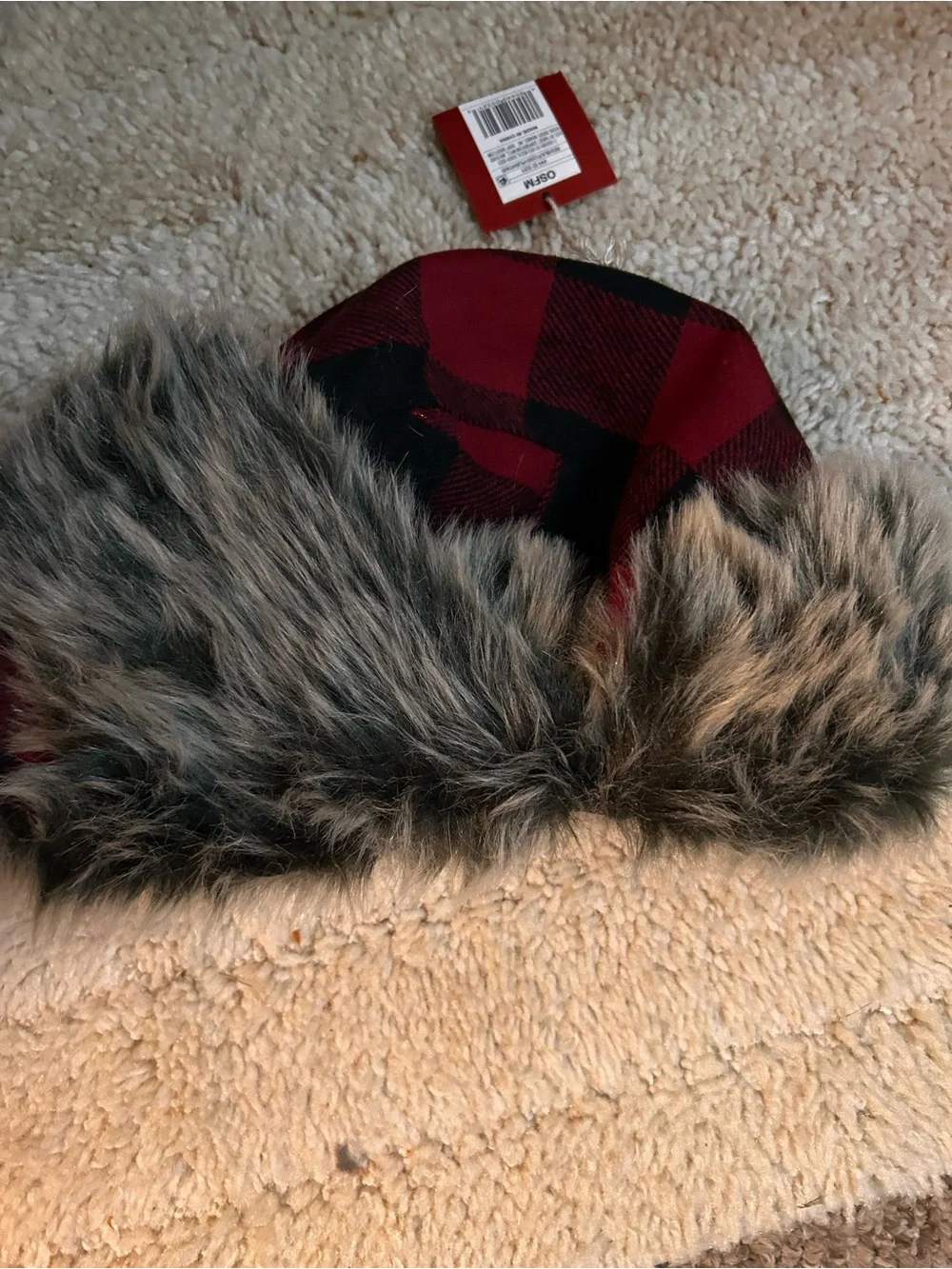 NWT- Mossimo Supply Co. Kid’s Red and Black Buffalo Plaid Faux Fur Trapper Hat